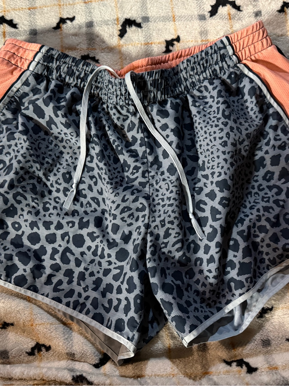 Nike Gray Leopard Print Athletic Shorts with Coral Panels